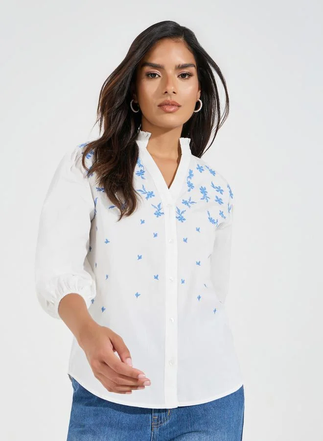 Styli Styli Chambray Embroidered Buttoned Blouse with Balloon Sleeve