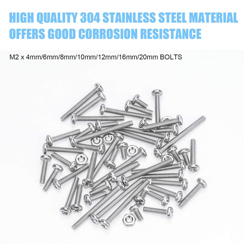 DYWISHKEY DYWISHKEY 310 Pieces M2 x 4mm/6mm/8mm/10mm/12mm/16mm/20mm, Stainless Steel 304 Phillips Pan Head Cap Bolts Screws Nuts Kit - Image 2