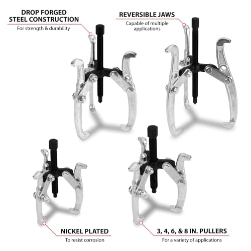 Performance Tool W134DB 3 Jaw Gear Puller Set, 4-Piece Set (Sizes: 3, 4, 6 and 8-Inch), with Reversible Design for Vehicle Maintenance and Repair, Drop-Forged Steel, Chrome Plating - Image 3