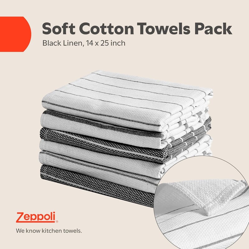 Zeppoli Classic Kitchen Towels - 6 Pack 50 x 70 CM - 100% Natural Cotton Dish Reusable Cleaning Cloths - Super Absorbent - Machine Washable Hand Towels (Black) - Image 2