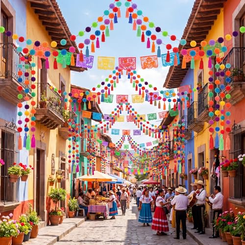 Jecery 12 Pcs 59 ft Mexican Yarn Pom Pom Tassel Garland Large Fiesta Rainbow Hanging Garland Fiesta Party Decor for Home Wedding Birthday Party Decorations - Image 3