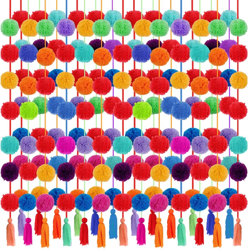 Jecery 12 Pcs 59 ft Mexican Yarn Pom Pom Tassel Garland Large Fiesta Rainbow Hanging Garland Fiesta Party Decor for Home Wedding Birthday Party Decorations - Image 2