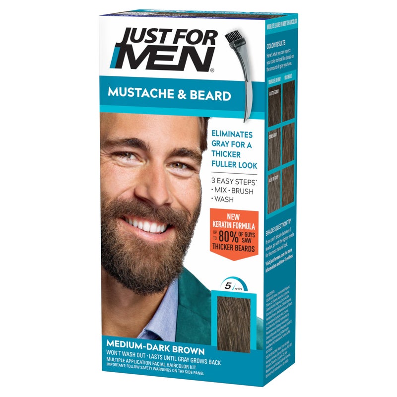 Just For Men Mustache & Beard, Beard Coloring for Gray Hair with Brush, With Keratin Biotin Aloe and Coconut Oil for Healthy Facial Hair - Medium-Dark Brown, M-40, Pack of 1 (Packaging May Vary) - Image 1