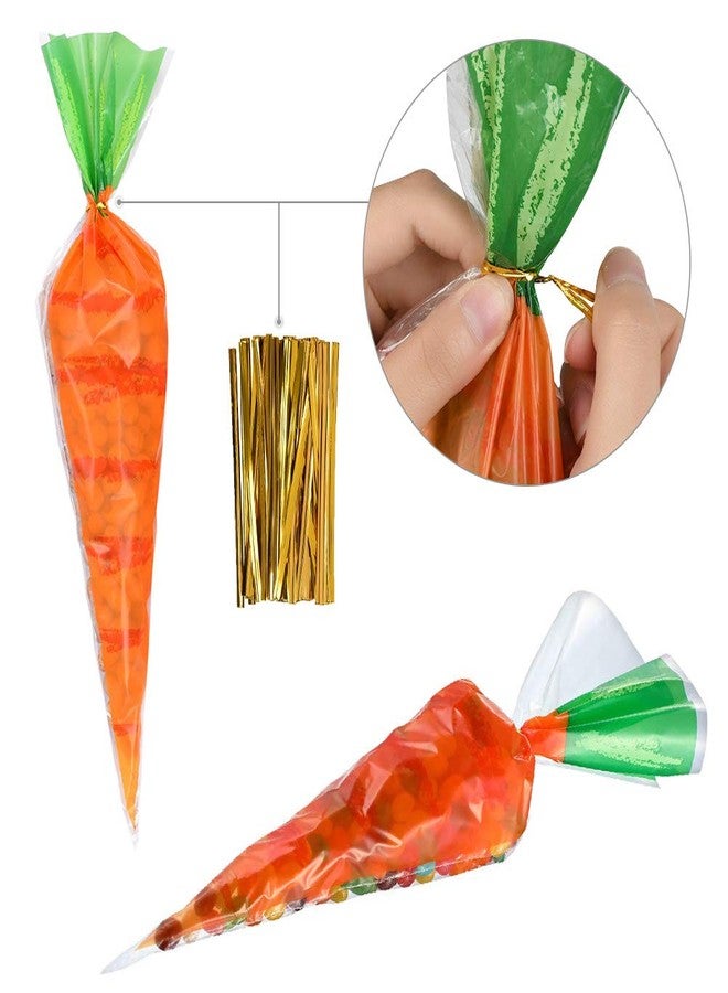 FOCCTS 200Pcs Easter Carrot Cone Cello Bags Carrot-Shaped Goody Bags, Carrot Shaped Plastic Treat Bags Bunny Party Favors for Kids - Image 4