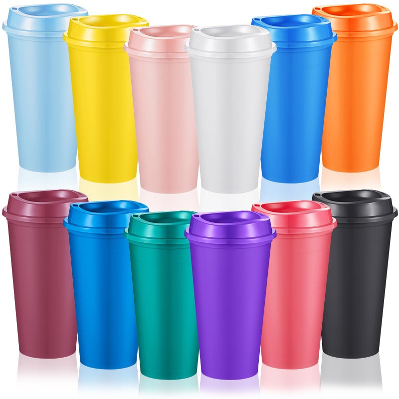 FillTouch 12 Pcs Reusable Coffee Cups with Lids 16 oz Travel Hot Cups Microwavable Plastic Tumblers Coffee Mugs Party Birthdays Gifts Adult for Hot and Cold Drinks Favors (Bright Colors) - Image 1