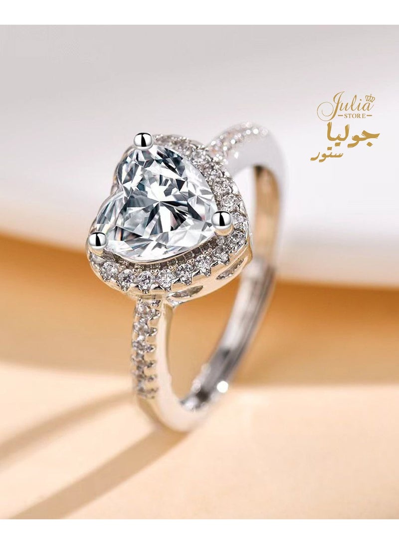 Julia Store 18K White Gold Plated Stainless Steel Halo Heart Engagement Rings for Women, Free Sire 2CT Cubic Zirconia Heart Wedding Ring Anniversary Valentine's Day Gifts  - Image 1