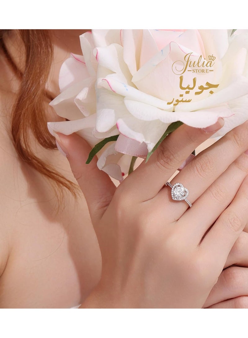 Julia Store 18K White Gold Plated Stainless Steel Halo Heart Engagement Rings for Women, Free Sire 2CT Cubic Zirconia Heart Wedding Ring Anniversary Valentine's Day Gifts  - Image 4