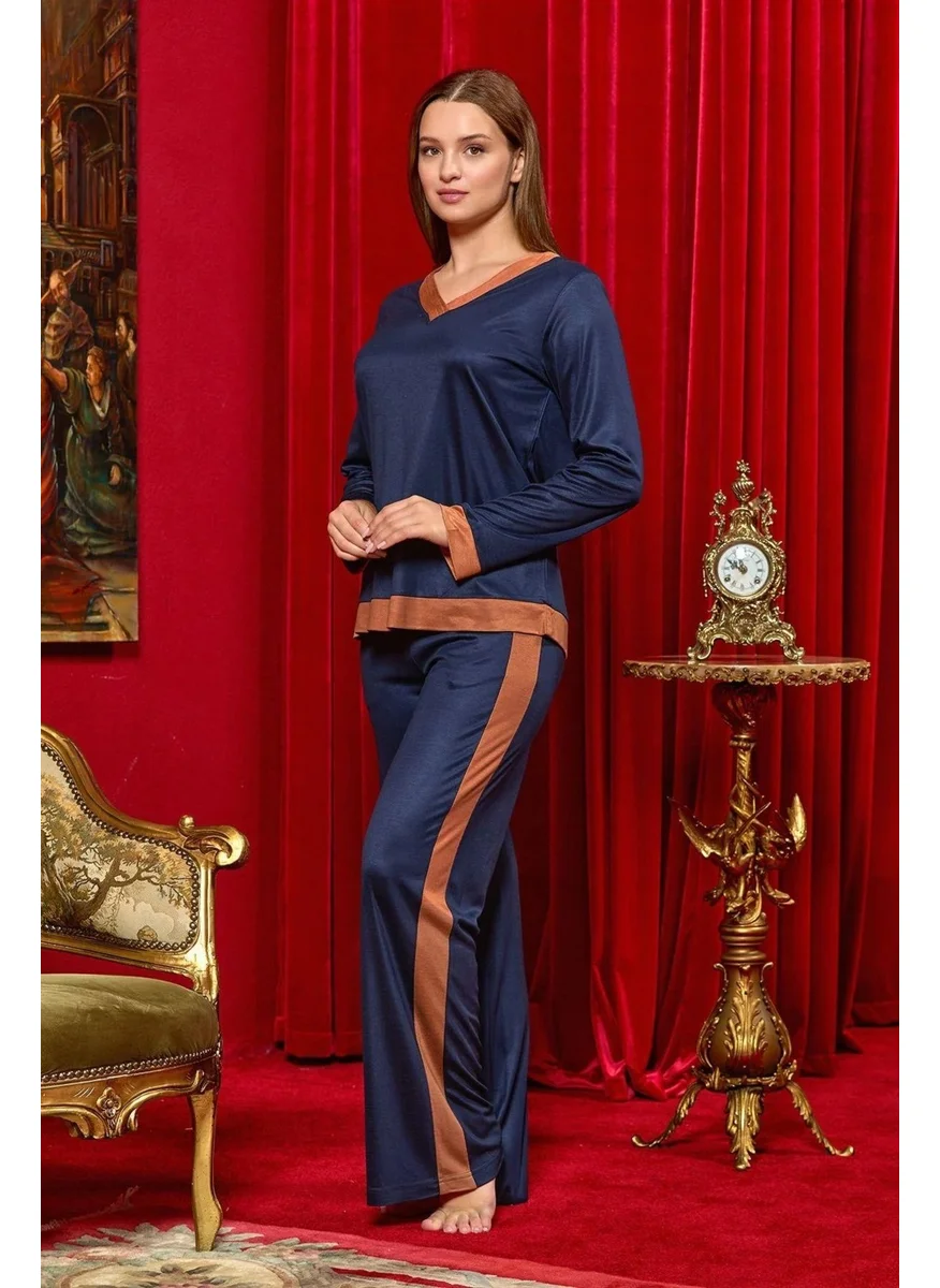Cossy By Aqua 25078 Women's V Neck Long Sleeve Pajama Set-Navy Blue