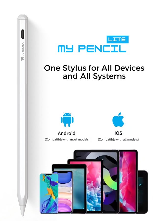 بريمكس قلم ماي بينسل لايت  مع شحن سريع وميزة رفض راحة اليد، متوافق مع جميع أجهزة اللمس (الآيباد، التابلت، والهواتف الذكية) — باللون الأبيض - Image 3