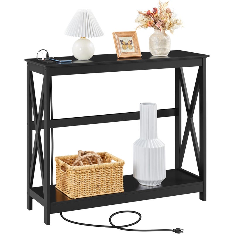 Yaheetech 40 Console Table with Power Outlets and USB Ports Wood Entryway Table with Charging Station  Storage Shelf Narrow 2Tier Sofa Table for Living Room Hallway Foyer Black