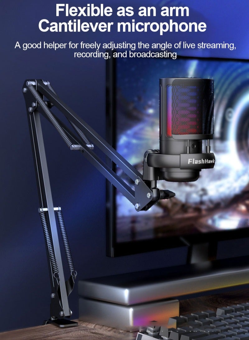 FlashHawk Gaming PC USB Microphone,Podcast Condenser Mic with Boom Arm,Pop Filter,Mute Button for Streaming,Online Chat, RGB Computer Mic for PS4/5 PC Gamer Youtuber - Image 2