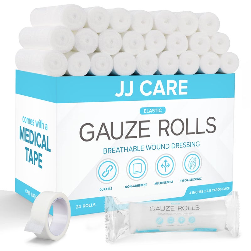 لفائف شاش JJ CARE عبوة من 24 لفة ضمادة مغلفة بشكل فردي مع شريط طبي إضافي 4 بوصات × 41 ياردة خالية من اللاتكس وقابلة للتمدد