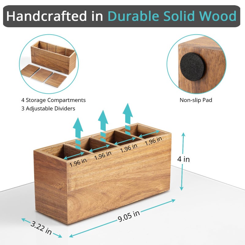 Bivvclaz Pencil Pen Holder for Desk, Acacia Wood Office Desk Organizers and Accessories with 4 Slots for Countertop, Makeup Brush Holder Organizer for Bathroom Vanity, Silverware Caddy for Party - Image 2