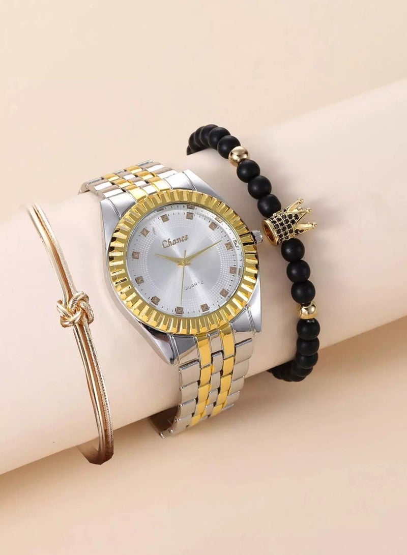3pcs Men Two Tone Round Pointer Quartz Watch With Bracelet Set  - Image 1