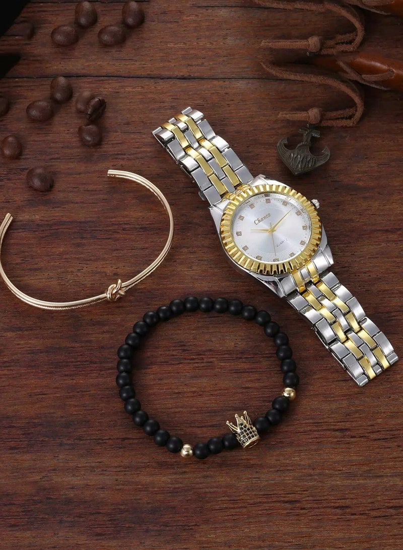 3pcs Men Two Tone Round Pointer Quartz Watch With Bracelet Set  - Image 3