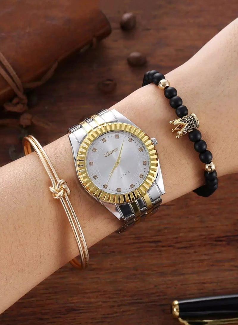3pcs Men Two Tone Round Pointer Quartz Watch With Bracelet Set  - Image 2