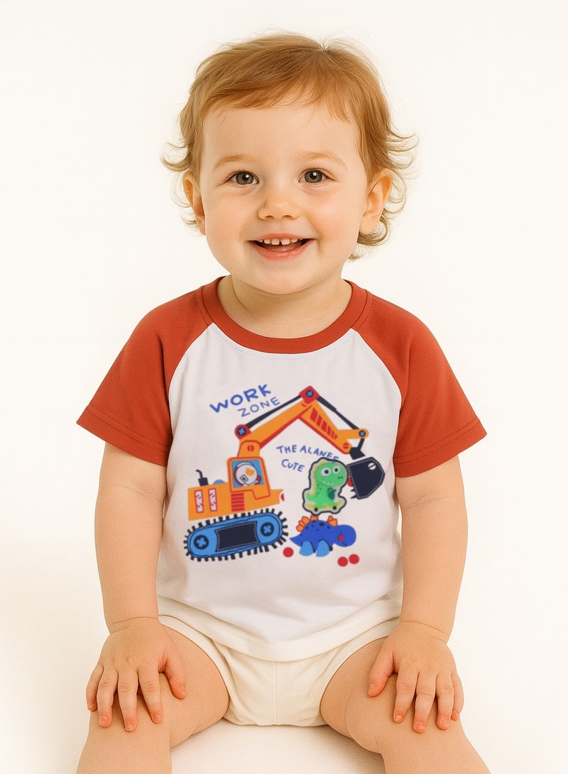 Glow-in-the-Dark Dinosaur & Digger T-Shirt - Cotton Blend Summer Tee with Luminous Print, Short Sleeves - For Boys Aged 3-11 Years  - Image 1