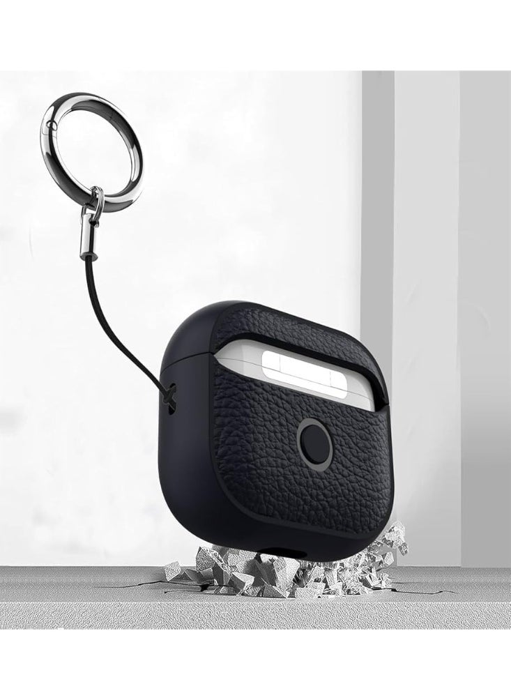 Case Compatible with AirPods 4 Leather Touch Design Protective Case with Hand Strap, Drop-Resistant, Shockproof (Black)