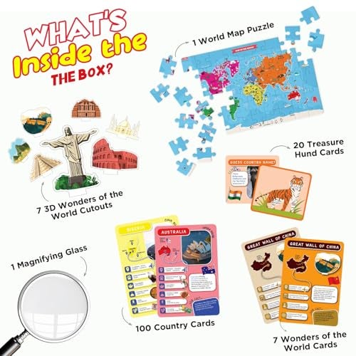 Exhale Explore The World Activity Kit for Kids 4–12 | World Map Puzzle + 100 Country Cards + 7 Wonders Cutouts + Treasure Hunt + Magnifying Glass | Educational Toy & Birthday Gift - Image 2