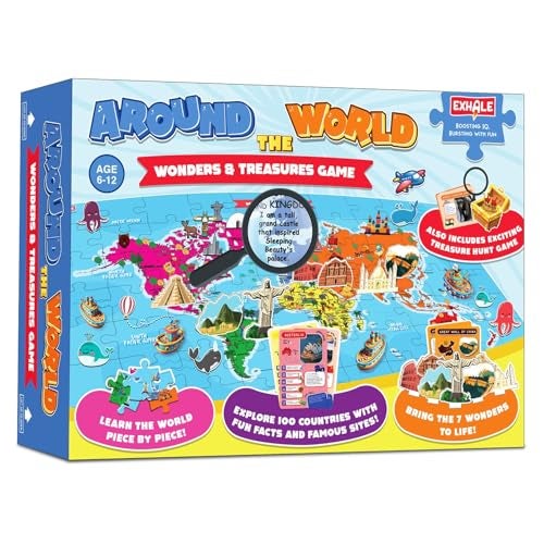 Exhale Explore The World Activity Kit for Kids 4–12 | World Map Puzzle + 100 Country Cards + 7 Wonders Cutouts + Treasure Hunt + Magnifying Glass | Educational Toy & Birthday Gift - Image 1