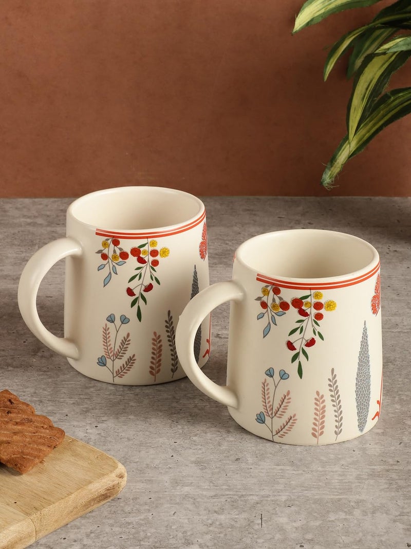miah decor Ceramic Tea Coffee Cups Set of 2 Floral Matte Printed Small Chai Mug Set of 2 Drinkware Microwave Safe for Home & Restaurant-300 ml-Color-White Red - Image 1