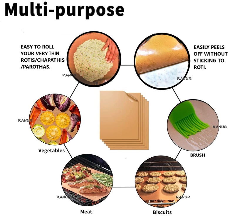 RANUR Reusable Heat Resistance Waterproof Baking and Cooking Mat Uses in Akki Roti | Obbattu | Holige | Chappathi | Puran Poli | Rolling Mat | BBQ Grill Mat | Teflon Sheet No. of Pieces (3) - Image 4