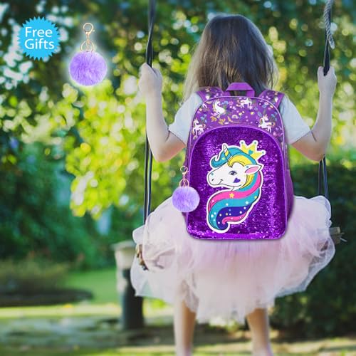 gxtvo 3PCS Girls Unicorn Backpack 16 Kids Sequin Bookbag with Lunch Box Water Resistant School Bag for Elementary Preschool Toddler Purple - Image 3