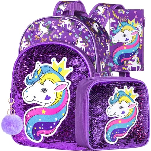 gxtvo 3PCS Girls Unicorn Backpack 16 Kids Sequin Bookbag with Lunch Box Water Resistant School Bag for Elementary Preschool Toddler Purple - Image 1