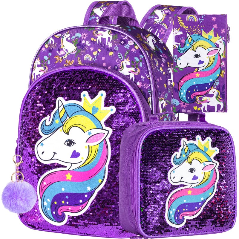 gxtvo 3PCS Girls Unicorn Backpack 16 Kids Sequin Bookbag with Lunch Box Water Resistant School Bag for Elementary Preschool Toddler Purple - Image 2