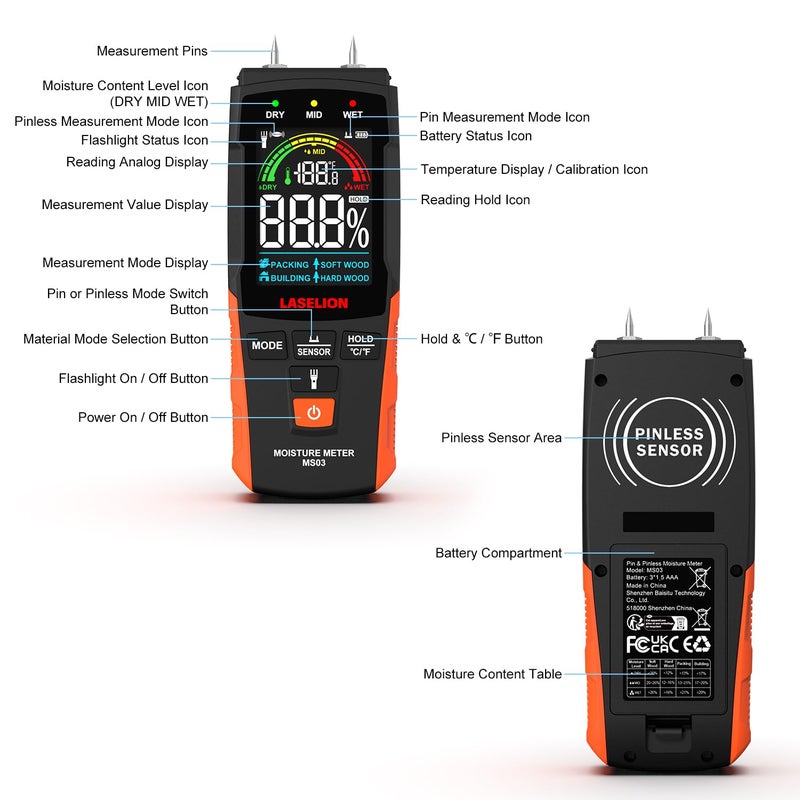 LASELION 2-in-1 Pin & Pinless Moisture Meter MS03 â€“ Accurate Moisture Detection for Wood, Concrete, Drywall, and More â€“ LCD Display with Hold Function, Flashlight, and Auto Power Off - Image 3