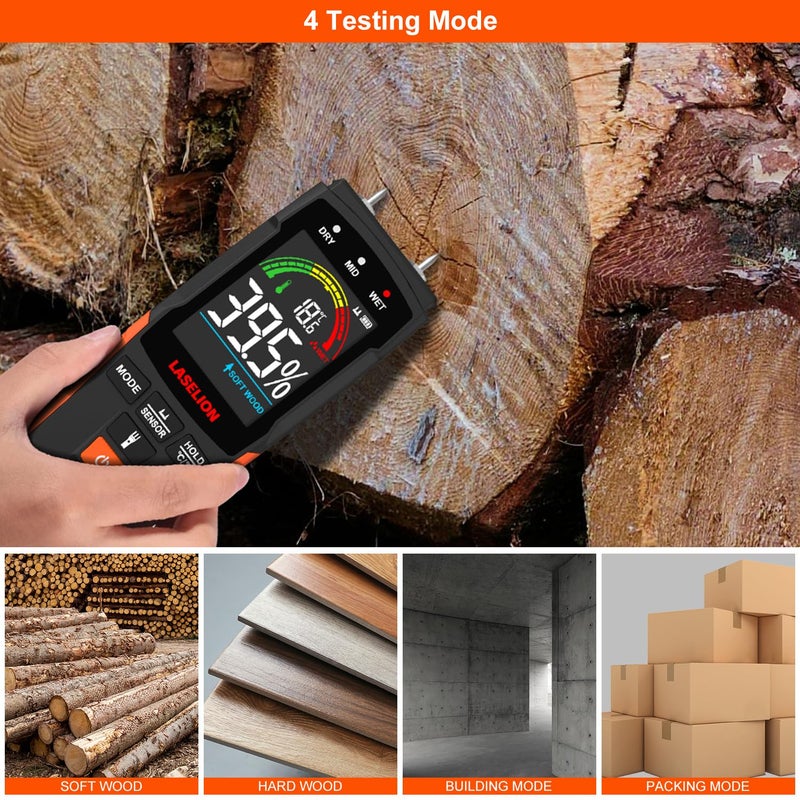 LASELION 2-in-1 Pin & Pinless Moisture Meter MS03 â€“ Accurate Moisture Detection for Wood, Concrete, Drywall, and More â€“ LCD Display with Hold Function, Flashlight, and Auto Power Off - Image 4