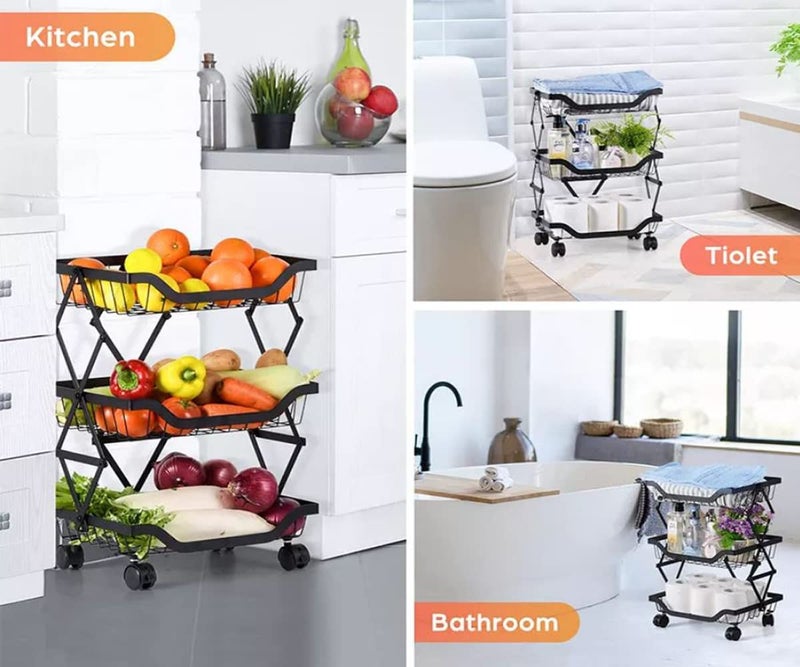 Sagrach 3 Tier Metal Wire Fruit Vegetable Storage Basket Organizer for Kitchen Utility Storage Rack With Rolling Wheels for Pantry Pull Up Foldable Household Kitchen Storage ShelfBlack - Image 3