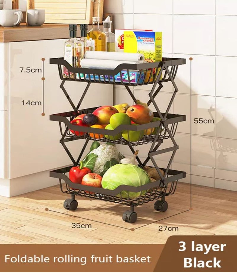 Sagrach 3 Tier Metal Wire Fruit Vegetable Storage Basket Organizer for Kitchen Utility Storage Rack With Rolling Wheels for Pantry Pull Up Foldable Household Kitchen Storage ShelfBlack - Image 4
