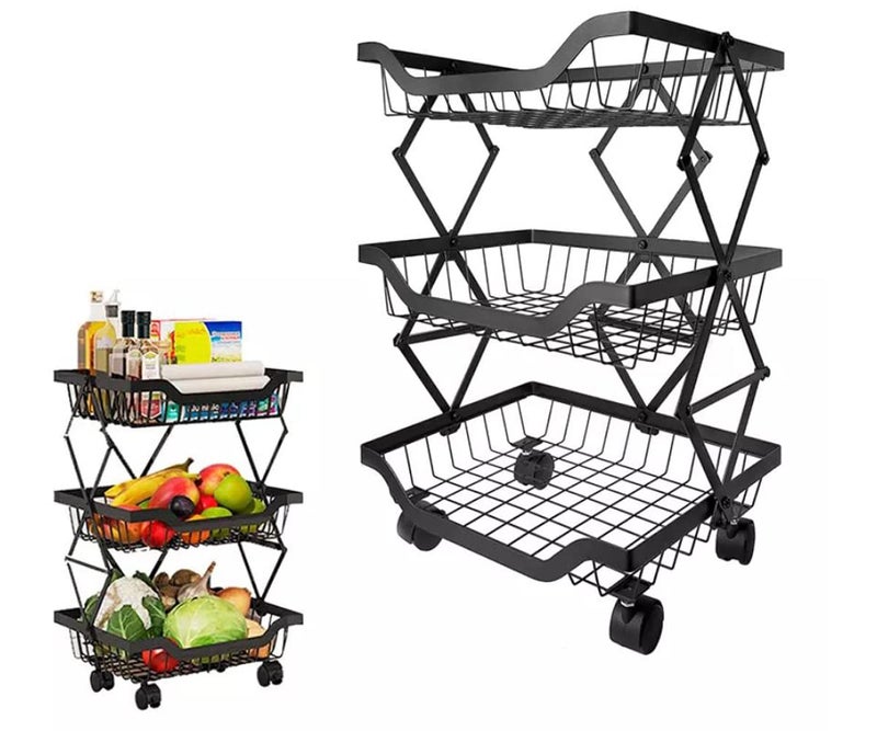 Sagrach 3 Tier Metal Wire Fruit Vegetable Storage Basket Organizer for Kitchen Utility Storage Rack With Rolling Wheels for Pantry Pull Up Foldable Household Kitchen Storage ShelfBlack - Image 1