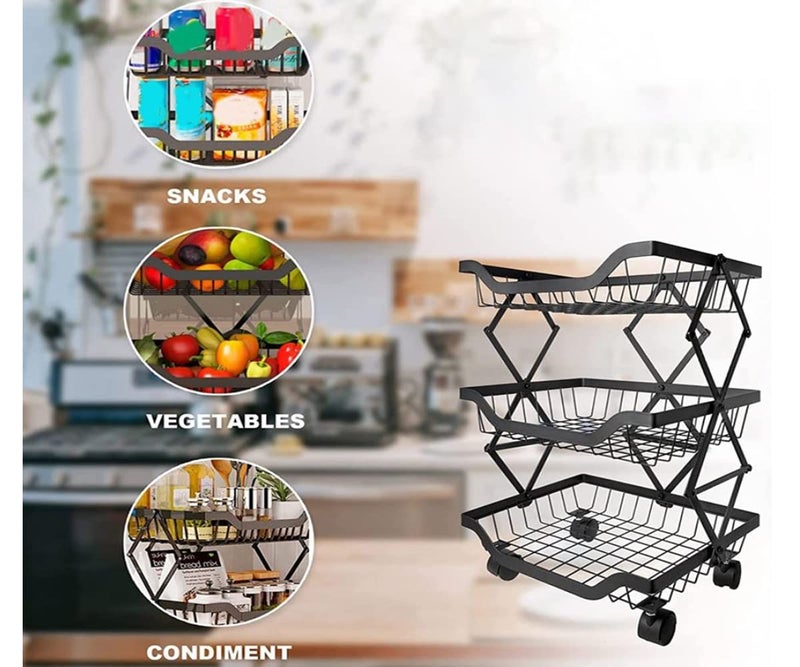 Sagrach 3 Tier Metal Wire Fruit Vegetable Storage Basket Organizer for Kitchen Utility Storage Rack With Rolling Wheels for Pantry Pull Up Foldable Household Kitchen Storage ShelfBlack - Image 2