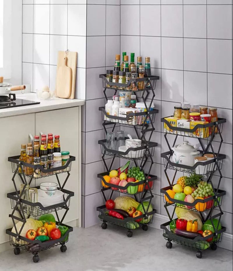 Sagrach 3 Tier Metal Wire Fruit Vegetable Storage Basket Organizer for Kitchen Utility Storage Rack With Rolling Wheels for Pantry Pull Up Foldable Household Kitchen Storage ShelfBlack - Image 5