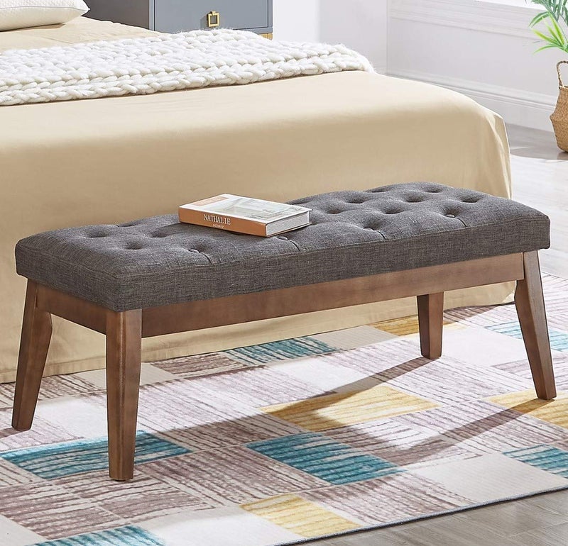 24KF 24KF Linen Upholstered Buttons Tufted Entryway Bench with Solid Wood LegBed Bench Ottoman with Padded Seat5034Dark Gray