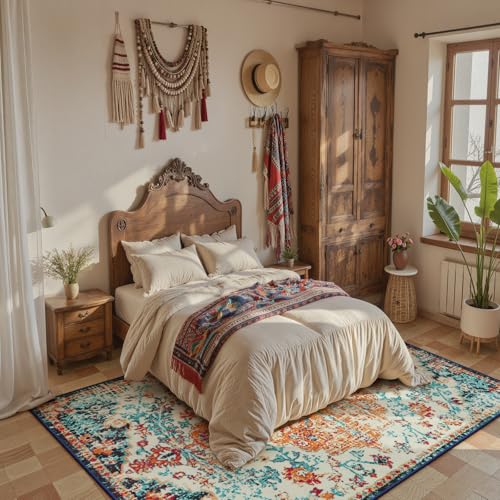 La Home Lahome Bohemian Floral Medallion Area Rug - 5x7 Oriental Distressed Large Bedroom Rug, Soft Non-Slip Washable Dining Room Mat Indoor Throw Nursery Floor Carpet for Guest Room Entryway - Image 2