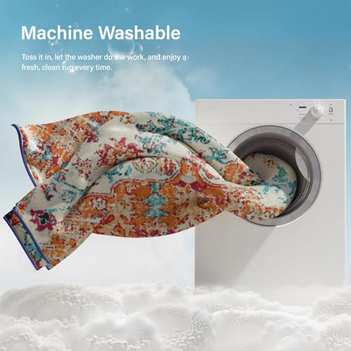 La Home Lahome Bohemian Floral Medallion Area Rug - 5x7 Oriental Distressed Large Bedroom Rug, Soft Non-Slip Washable Dining Room Mat Indoor Throw Nursery Floor Carpet for Guest Room Entryway - Image 4