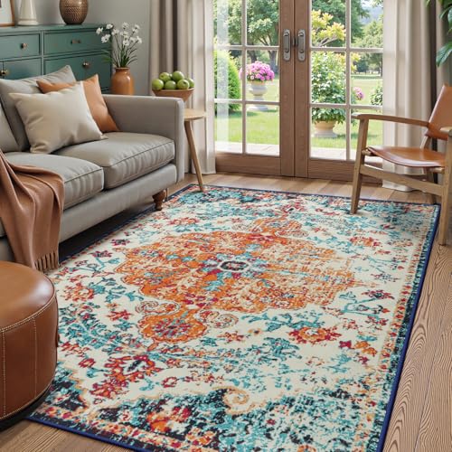 La Home Lahome Bohemian Floral Medallion Area Rug - 5x7 Oriental Distressed Large Bedroom Rug, Soft Non-Slip Washable Dining Room Mat Indoor Throw Nursery Floor Carpet for Guest Room Entryway - Image 1