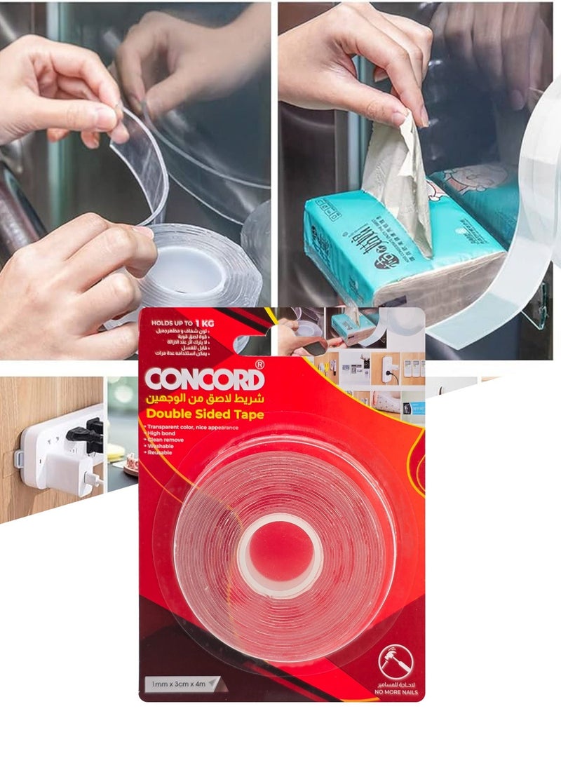 كونكورد شريط لاصق على الوجهين شفاف، ١مم×٣سم×٢متر، قابل للغسل وإعادة الاستخدام قوي - Image 2