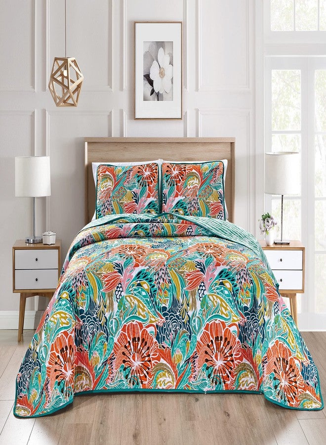 Grand Linen 3-Piece Fine Printed (90 X 88 Inch) Quilt Set Vibrant and Bright Reversible Bedspread Coverlet (Double) Full Size Bed Cover (Turquoise, Blue, Orange Boho, Multi Floral) - Image 1