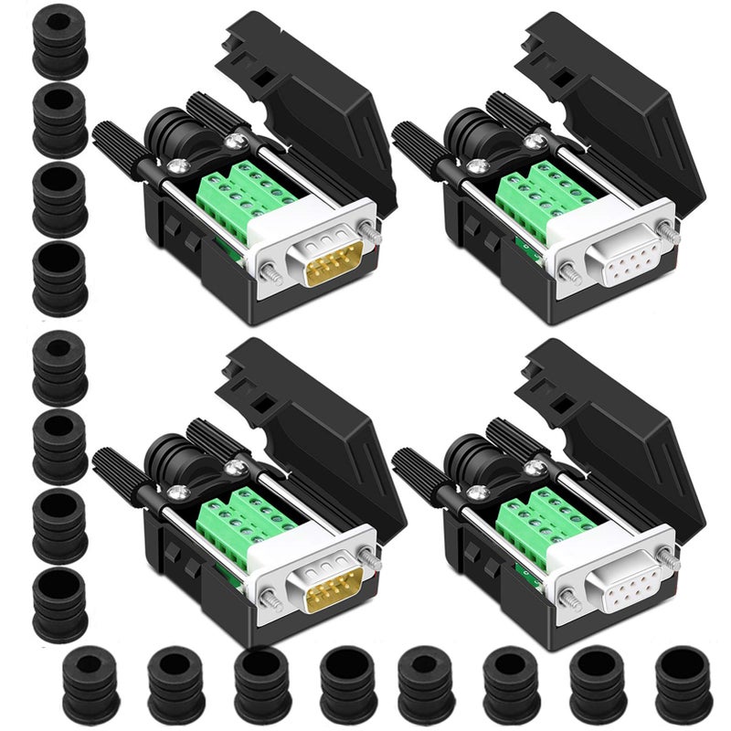 ANMBEST 4PCS DB9 Breakout Connector, 2Male + 2Female RS232 D-SUB Serial to 9-pin Port Terminal Adapter Connector, with Case, Long Bolts, Tail Pipe - Image 1