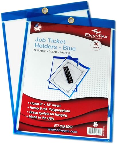 EnvyPak Job Ticket Holders - 9"x12" - Pack of 30 (Blue) Top-Loading with Eyelet for Hanging - Image 1