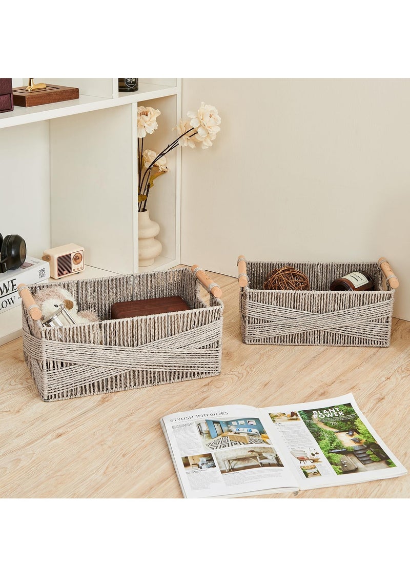 Generic Large Grey Storage Basket with Handles – Rectangular Wicker Organizing Basket (Set of 2)  - Image 4