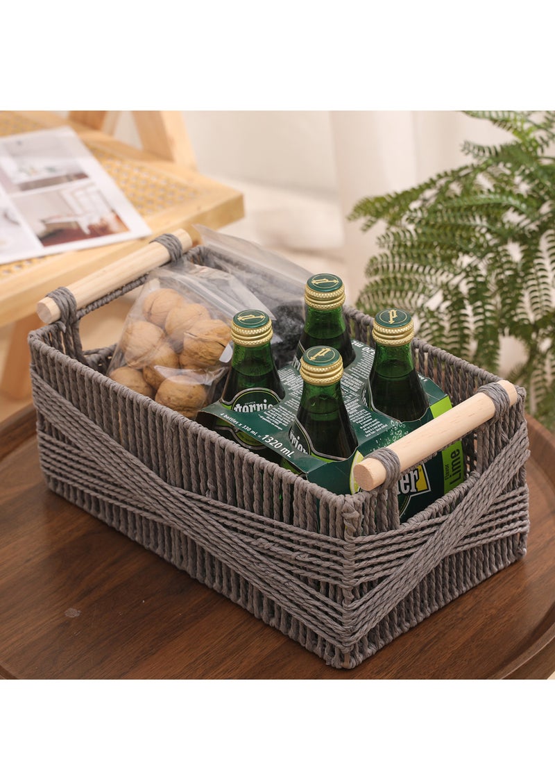 Generic Large Grey Storage Basket with Handles – Rectangular Wicker Organizing Basket (Set of 2)  - Image 2