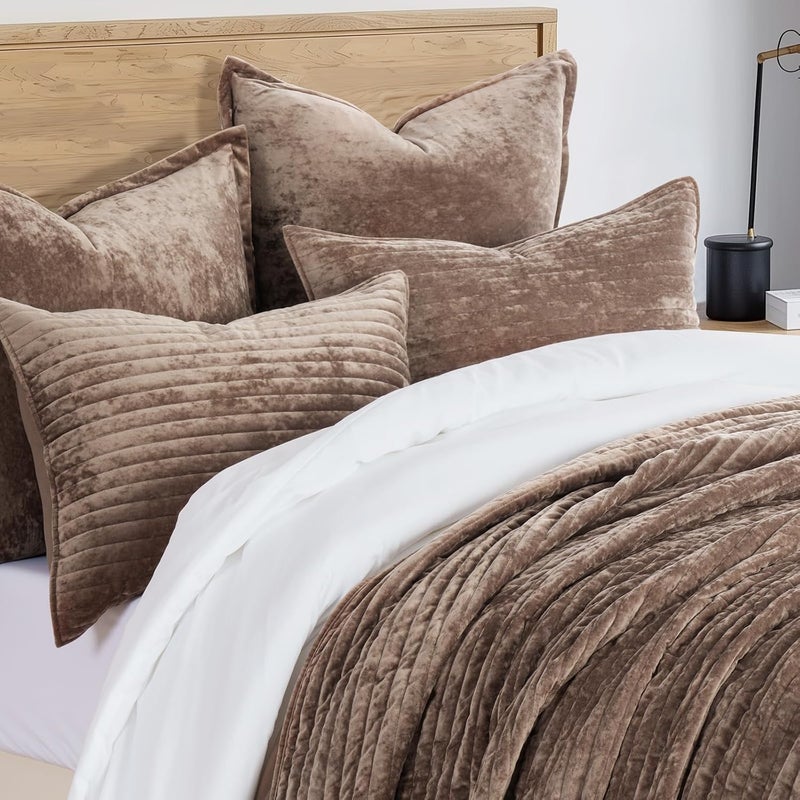 EVERGRACE Velvet Quilt Set Queen Size, Luxurious Soft Striped Channel Bedding Set, Lightweight Velvet Comforter for All Season, Oversized Bedspread Coverlet with 2 Matching Shams, Mocha Brown - Image 4