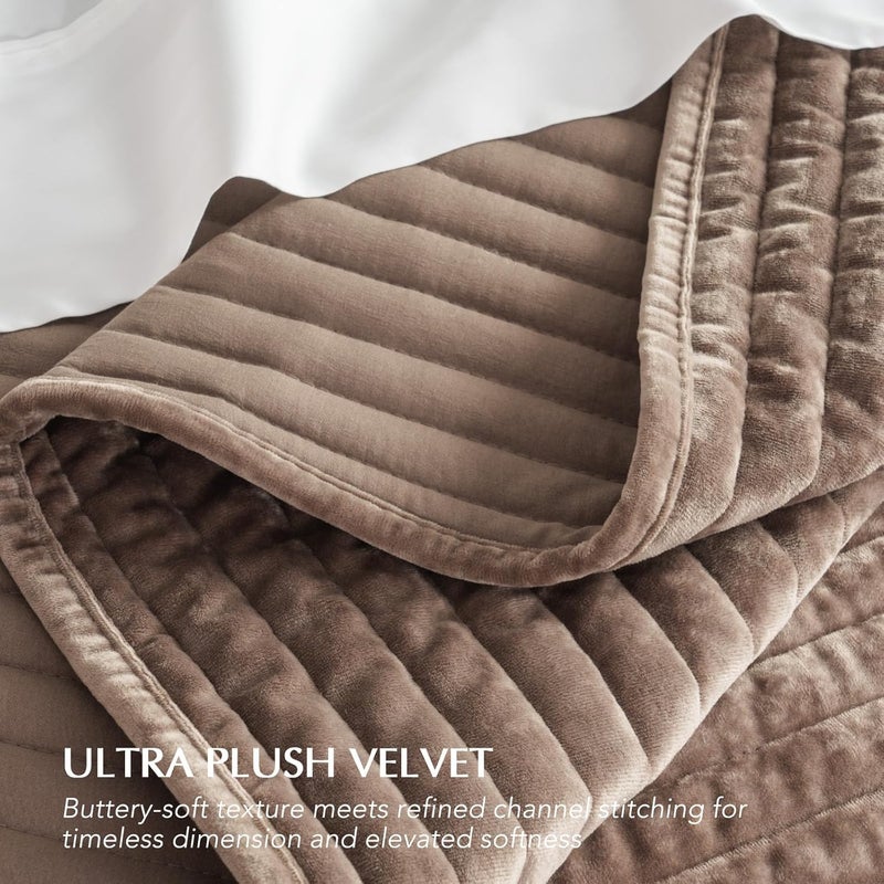 EVERGRACE Velvet Quilt Set Queen Size, Luxurious Soft Striped Channel Bedding Set, Lightweight Velvet Comforter for All Season, Oversized Bedspread Coverlet with 2 Matching Shams, Mocha Brown - Image 5