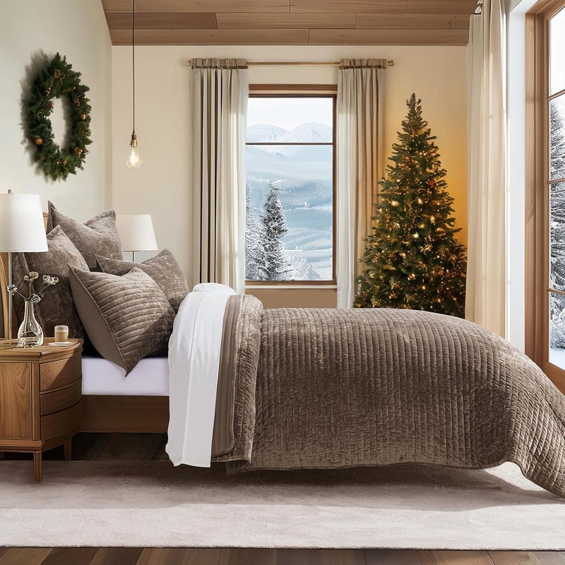 EVERGRACE Velvet Quilt Set Queen Size, Luxurious Soft Striped Channel Bedding Set, Lightweight Velvet Comforter for All Season, Oversized Bedspread Coverlet with 2 Matching Shams, Mocha Brown - Image 2