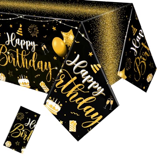 Tudomro 3 Pcs Happy Birthday Tablecloths Happy Birthday Party Decorations Plastic Table Cover Rectangular Cloths for Women Men Baby Shower Party Supplies 108 x 54 Inch Black Gold - Image 1
